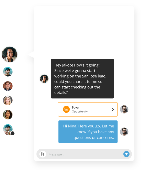 Mobile version of the SetSchedule chat feature showing communication between two agents collaborating on a lead