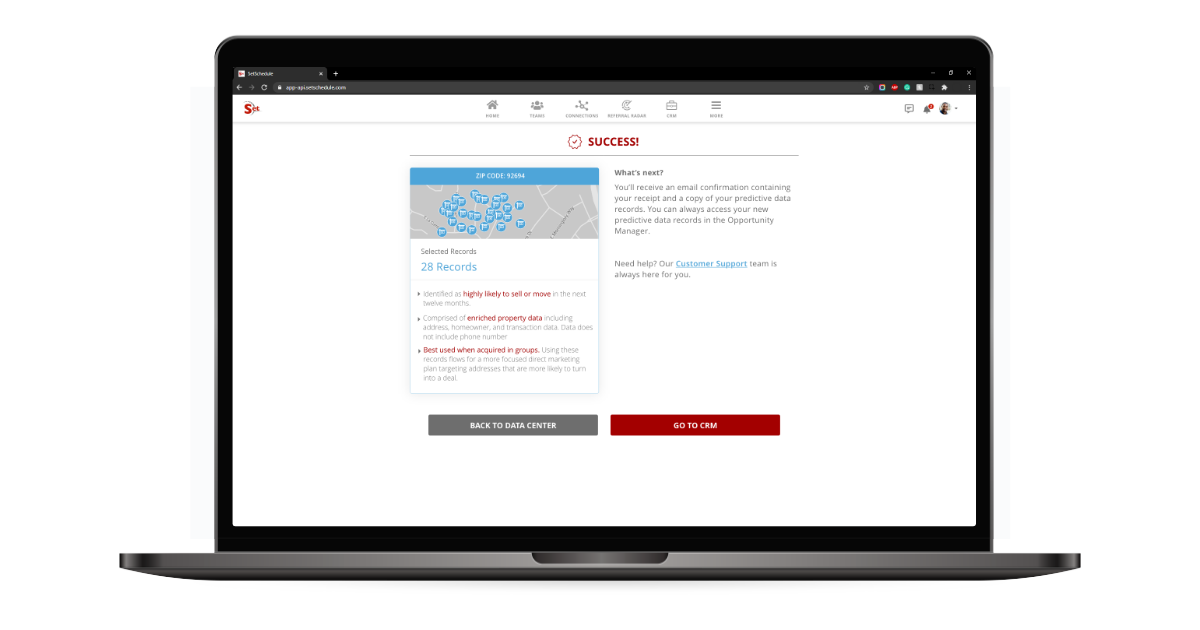 Desktop version of the Data Center successfully choosing data records to consume