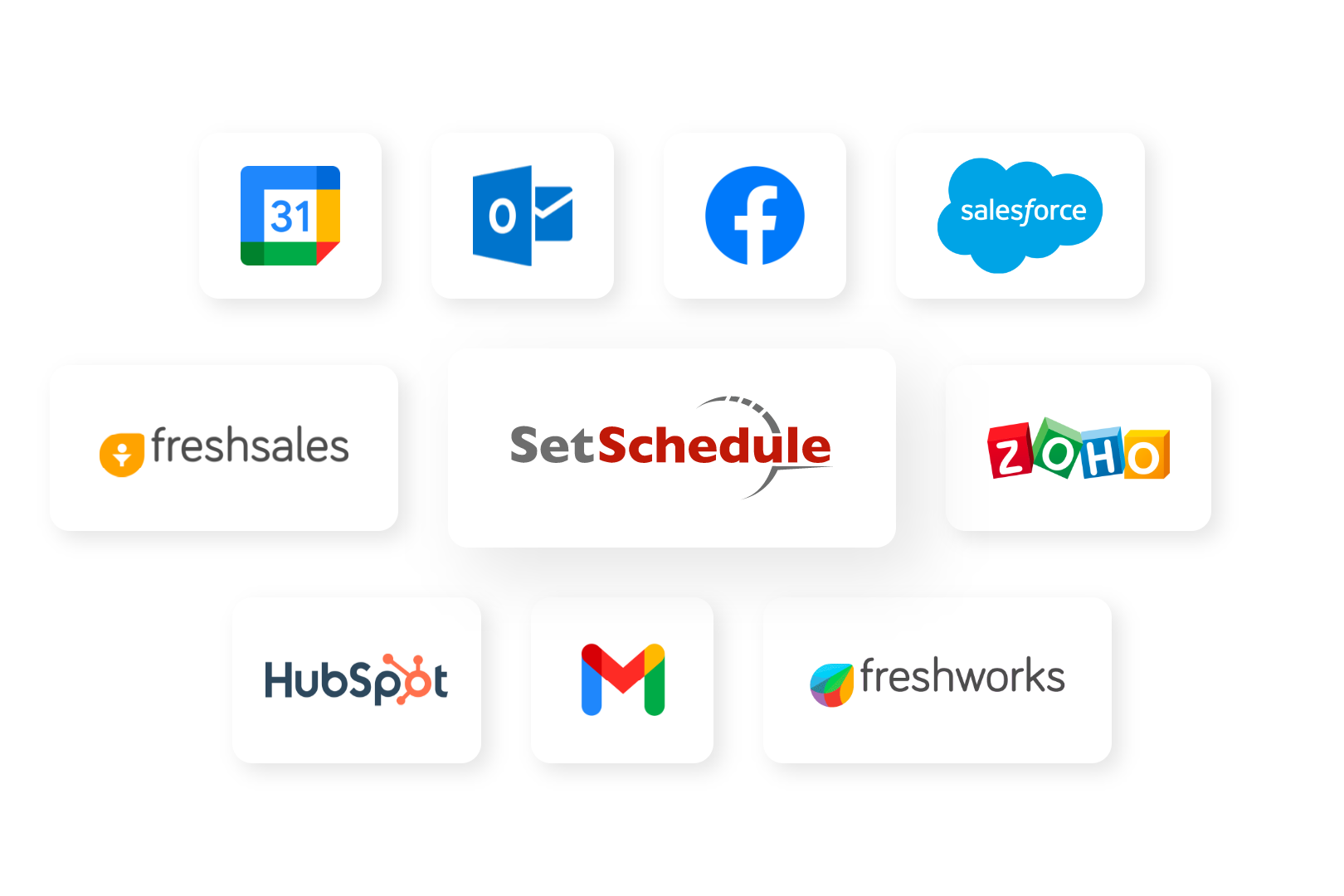 SetSchedule surrounded by google, outlook, facebook, salesforce, freshsales, zoho, hubspot, and freshwork icons showing the integration options available with SetSchedule